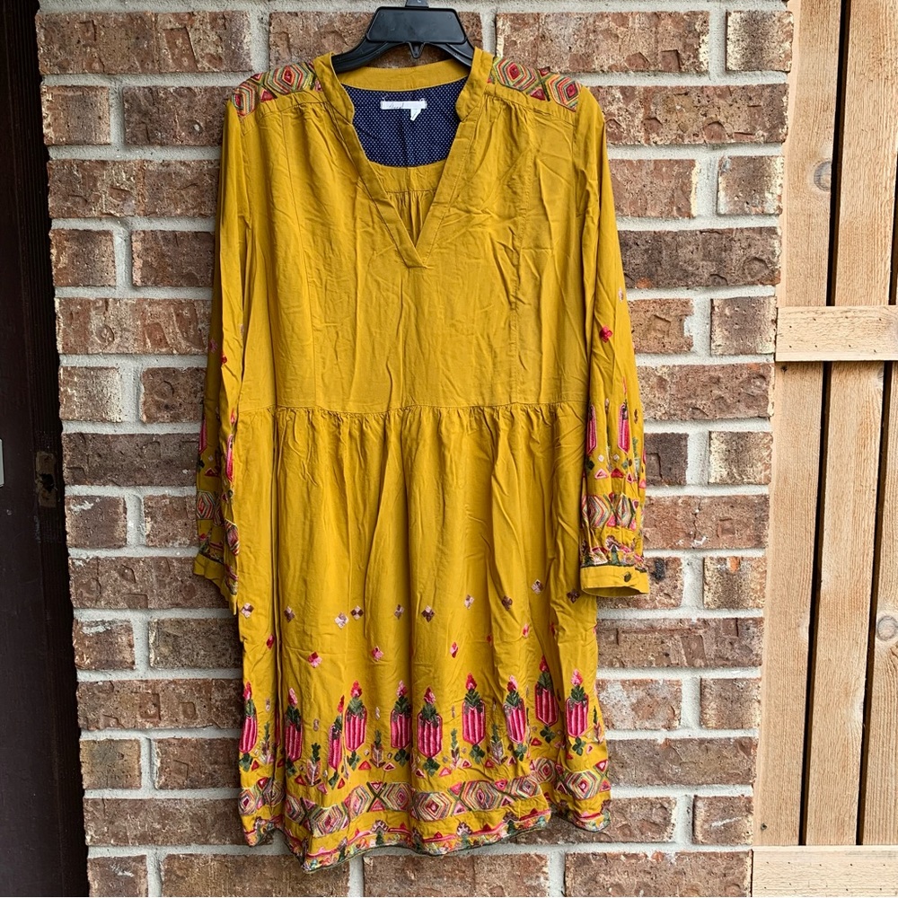 🍁 Fall Ready 🍂 Anthropologie Mustard Yellow Embroidered Dress